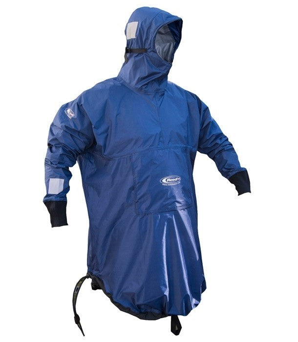 blue rip stop cag front view with logos on each arms and on the chest and small reflective patches on both wrists. Upright hood with adjustable pull