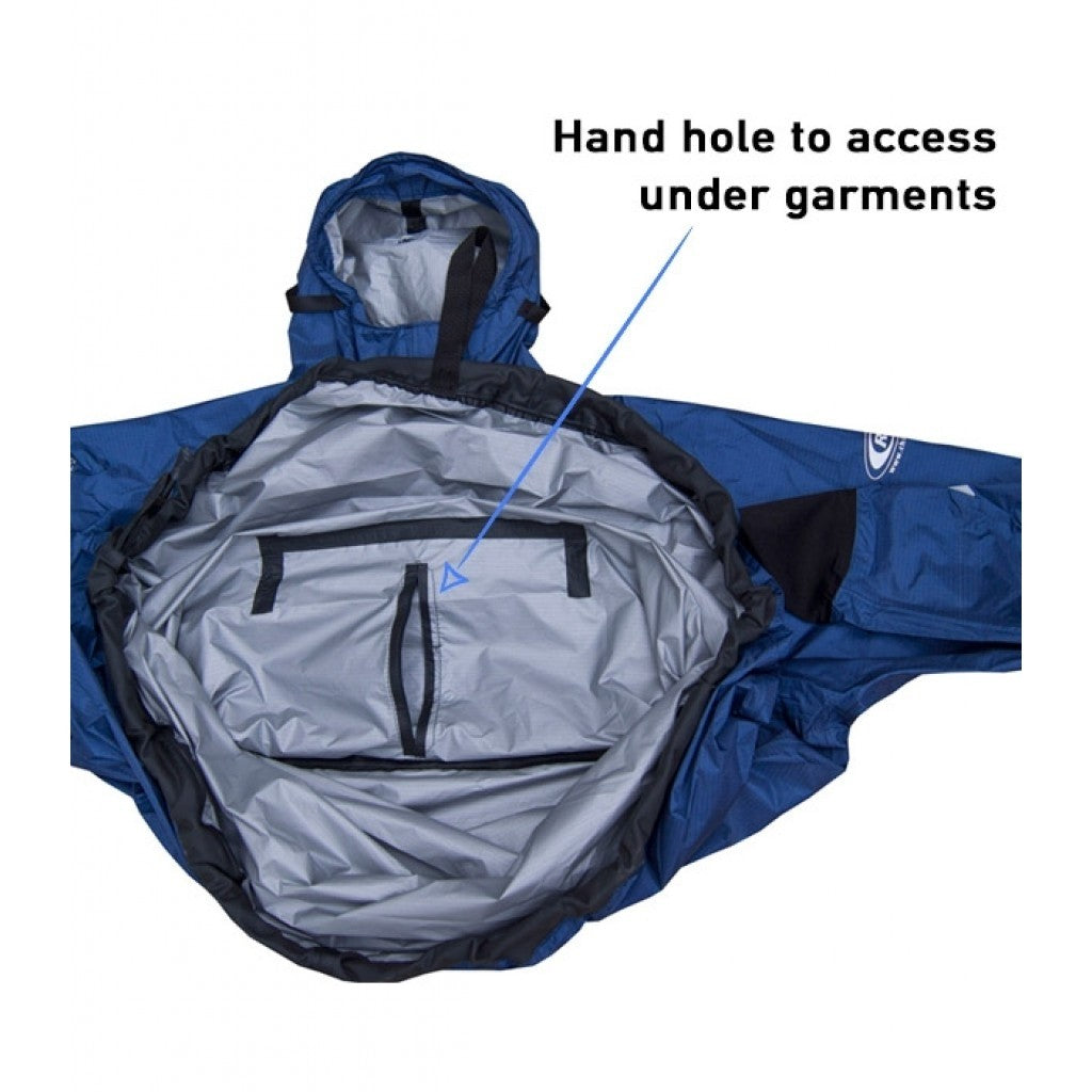 Blue rip stop cag deck view with silver interior and small logo and access pocket description stating 'hand hole to access undergarments'