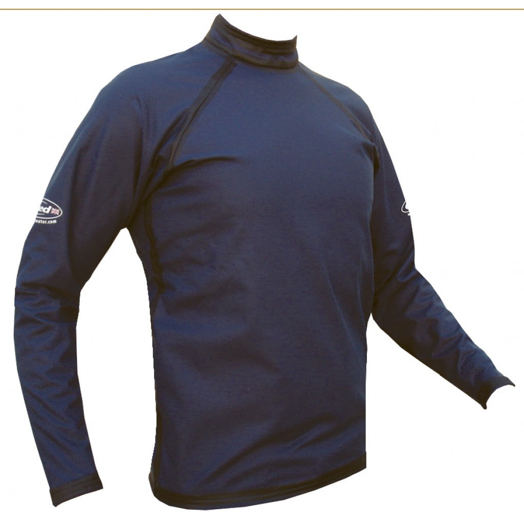 Navy blue long sleeve fleece top with aquatherm outer. Logo mid way up the arm