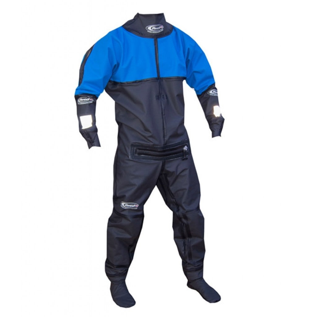 Blue and black full paddle suit with relief zip at the front waist. Small Reed logo on each forearm and right thigh.