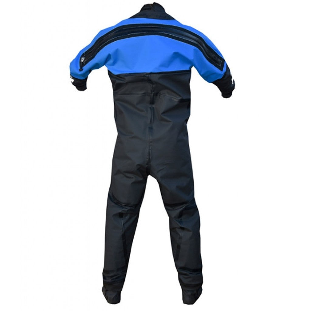 Full paddle suit back view with zip across the shoulders. Blue and black colour.