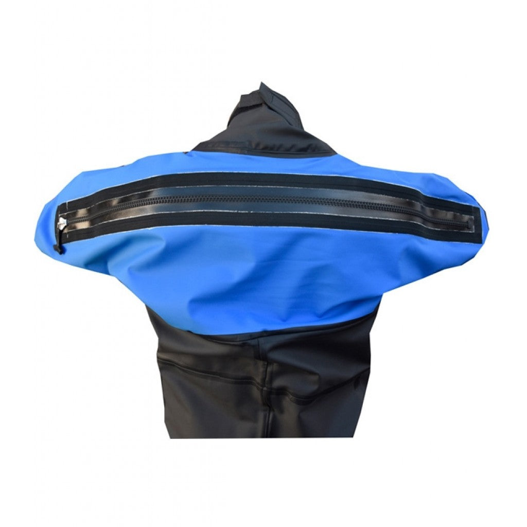 Back view of paddle suit, shoulders and zip entry zipped up