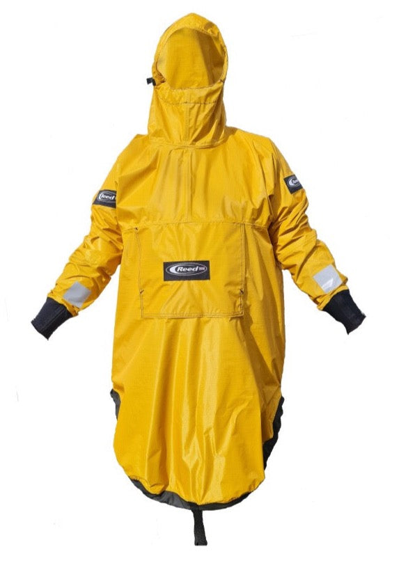 Yellow rip stop cag front view with logos on each arms and on the chest and small reflective patches on both wrists. Upright hood with adjustable pull