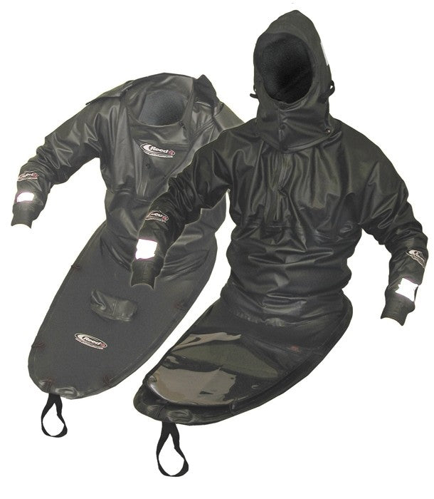 Black on black touring cag with deck. One with hood and one with hood down. Small reflective squares on both arms.