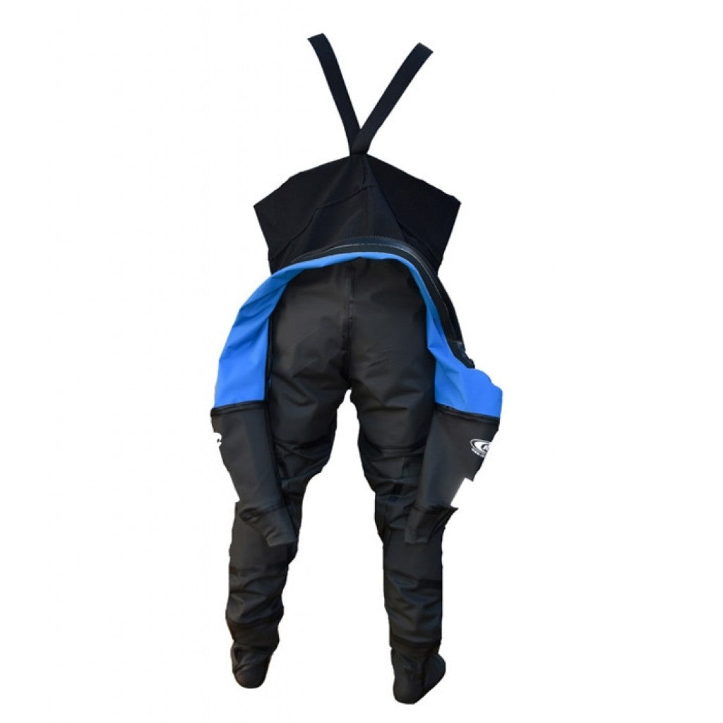 Rear view of blue and black paddle suit with internal suspenders