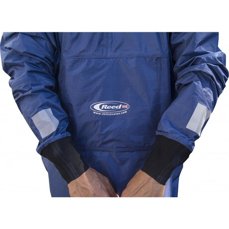 Front view blue rip stop cag with small logo on the belly