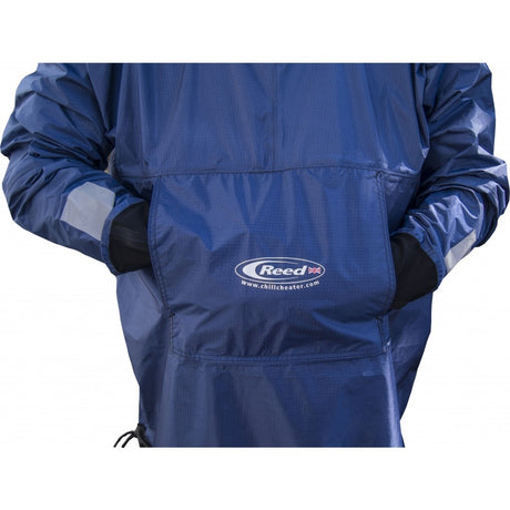 Front view blue rip stop cag with small logo on the belly and hands inside access pocket