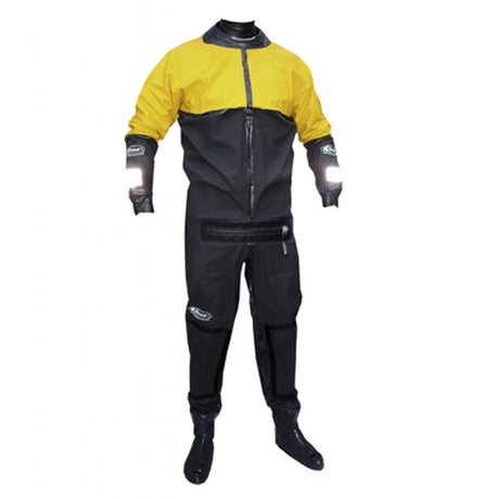 Front view full paddle suit, yellow and black colour with front relief zip across the groin