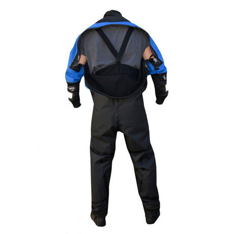 Blue and black paddle suit back view with suspended profile showing internal fit. Back zip for entry across the shoulders.