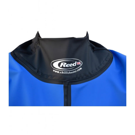 Front view of paddle suit neck blue and black colour with small Reed logo