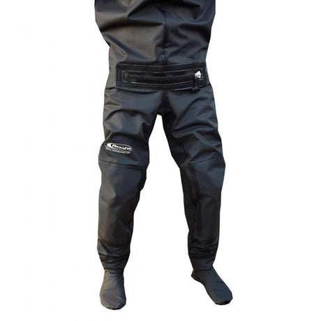 Front view paddle suit legs with relief zip across the groin. Black aquatherm fabric.
