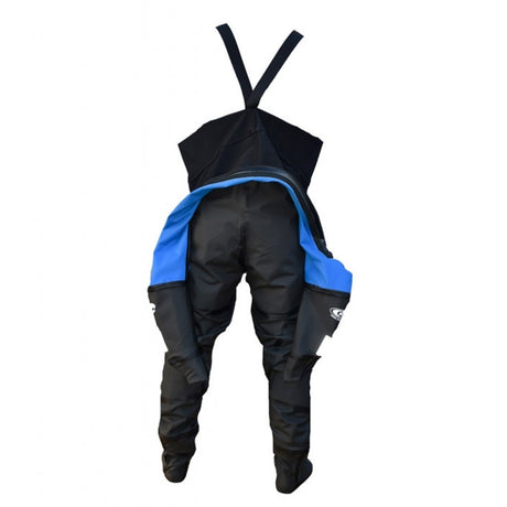 Rear view of blue and black paddle suit with internal suspenders